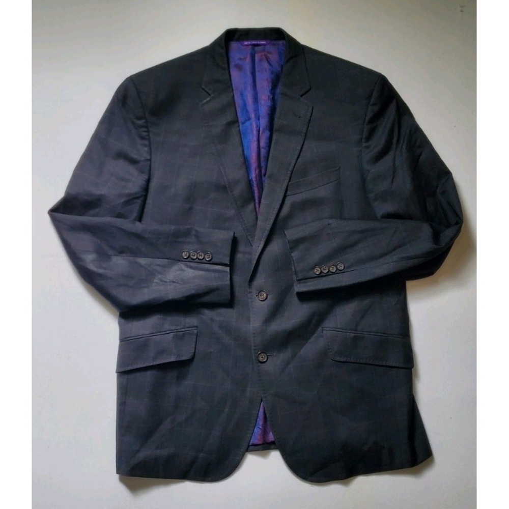 Ted Baker Endurance Mens 44R Charcoal Gray Plaid Blazer 100% Wool Purple Lined
